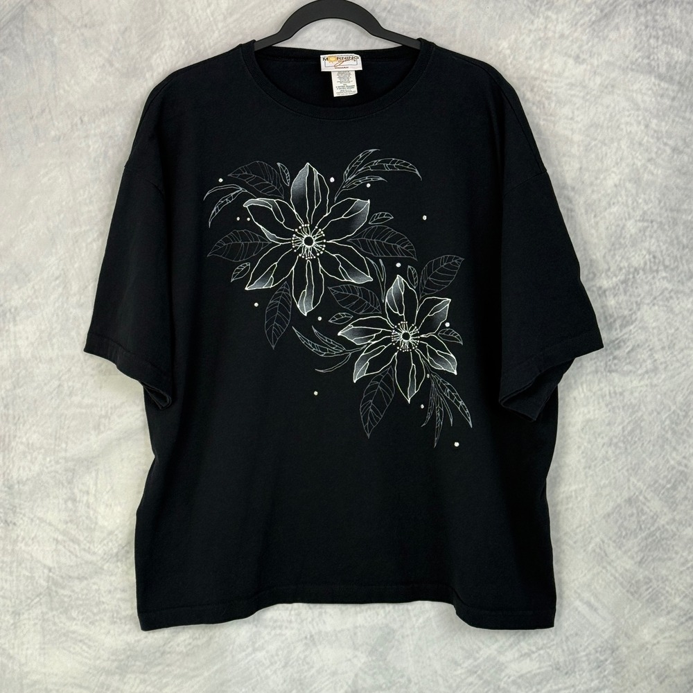 Vtg Morning Sun Black Floral Print T Shirt Womens Sz 3XL USA casual glitter